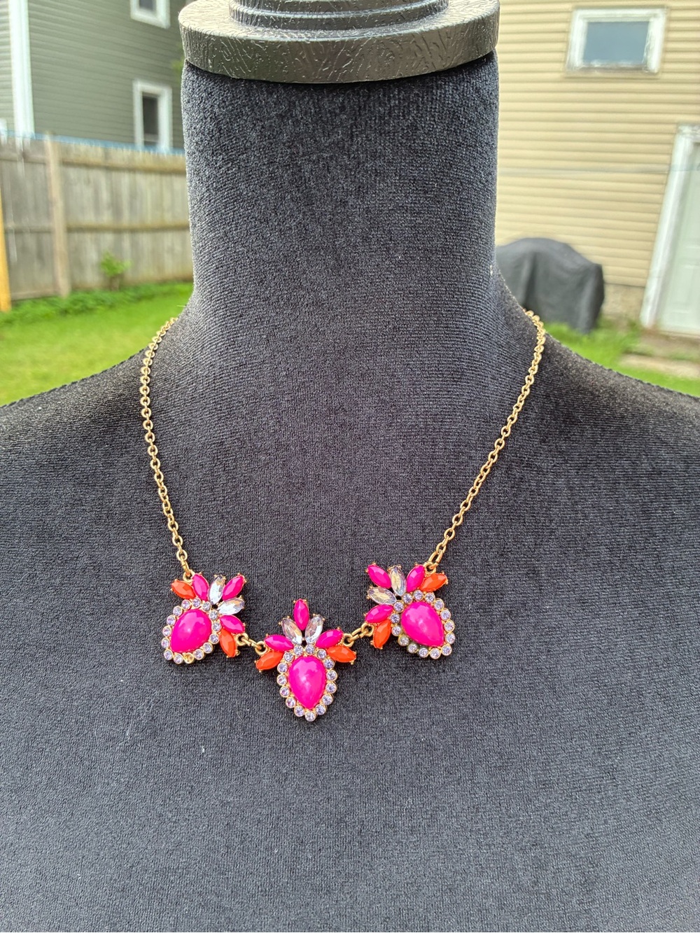 Gold-Tone Statement Necklace with Hot Pink & Orange Crystal Accents